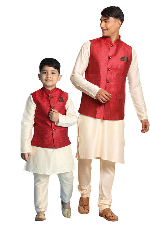 VASTRAMAY Maroon Woven Jacket With Cream Kurta and Pyjama Baap Beta Set